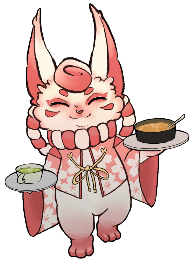 atToriin teemakahvilan maskotti o-Toki kantamassa ruokaa tarjottimella ja kupillista matchaa