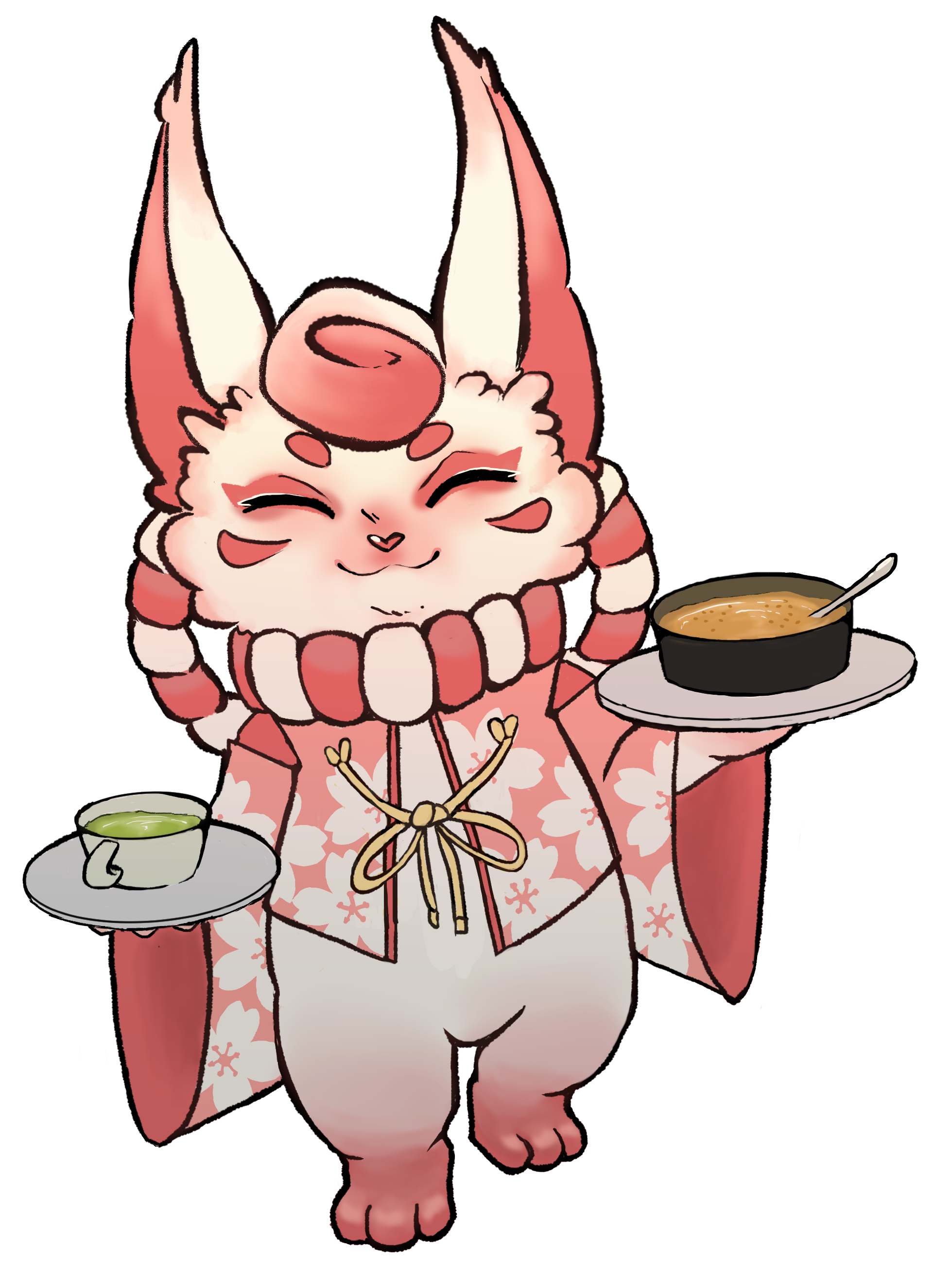 atToriin teemakahvilan maskotti o-Toki kantamassa ruokaa tarjottimella ja kupillista matchaa